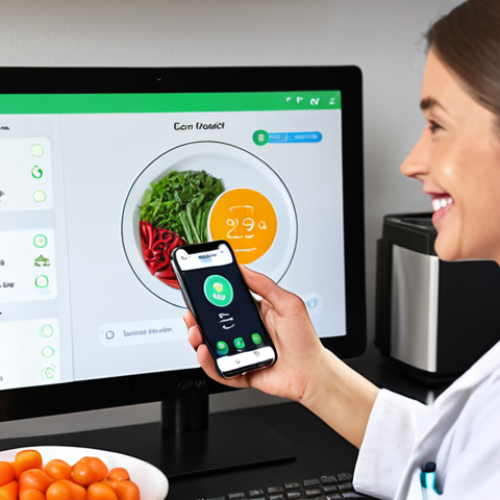 **

Prompt: A modern nutritionist's office with a video call setup. A friendly nutritionist smiles warmly from the screen, while the patient sits comfortably at home, holding a smartphone displaying a food tracking app. Background elements include healthy food items and digital charts. Focus on the convenience and personalization of telehealth nutrition.

**