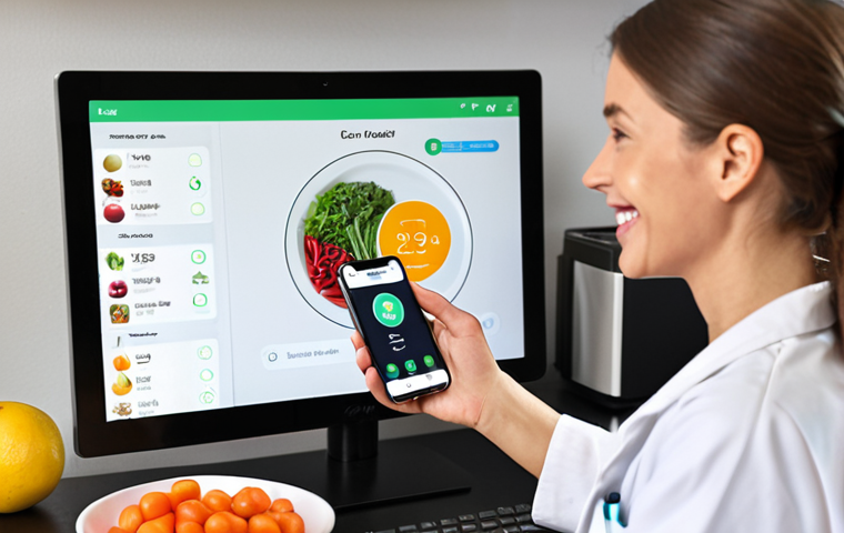 **
Prompt: A modern nutritionist's office with a video call setup. A friendly nutritionist smiles warmly from the screen, while the patient sits comfortably at home, holding a smartphone displaying a food tracking app. Background elements include healthy food items and digital charts. Focus on the convenience and personalization of telehealth nutrition.
**