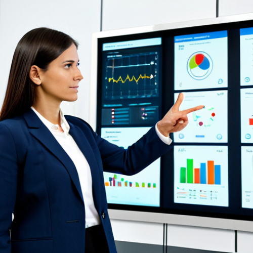 A professional female nutritionist in a modest business suit stands confidently in a brightly lit, modern consultation room. She gestures towards a transparent digital screen displaying clear, simplified scientific nutrition data and common food misconceptions being clarified. The setting emphasizes an uncluttered, contemporary design with subtle technological integration, conveying clarity and expert guidance. The image is clean, sharp, and focused on education. Fully clothed, appropriate attire, safe for work, professional, perfect anatomy, correct proportions, natural pose, well-formed hands, proper finger count, natural body proportions, high-quality photography.