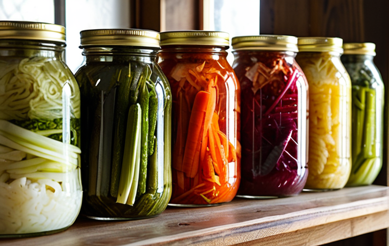 영양사와 식품 보존 기술 - Fermented Vegetables**
Prompt: "Close-up of a colorful assortment of homemade fermented vegetables ...