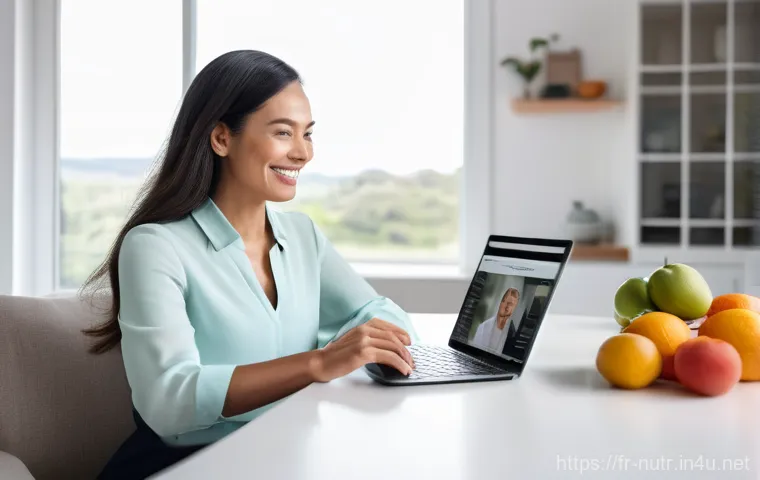 영양사와 온라인 교육 활용법 - **"A modern and inviting home office setup for a female nutritionist, mid-30s, with a warm, friendly...