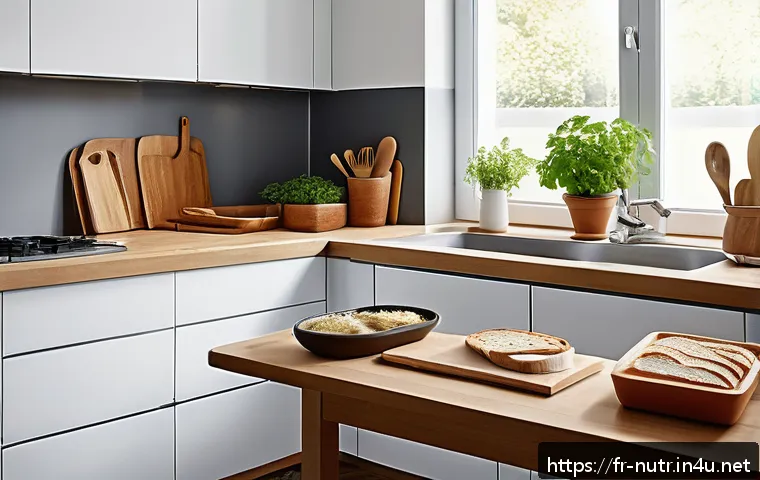 영양사와 음식 알레르기 관리 - A modern, clean French kitchen scene emphasizing allergy-safe cooking practices: separate cutting bo...