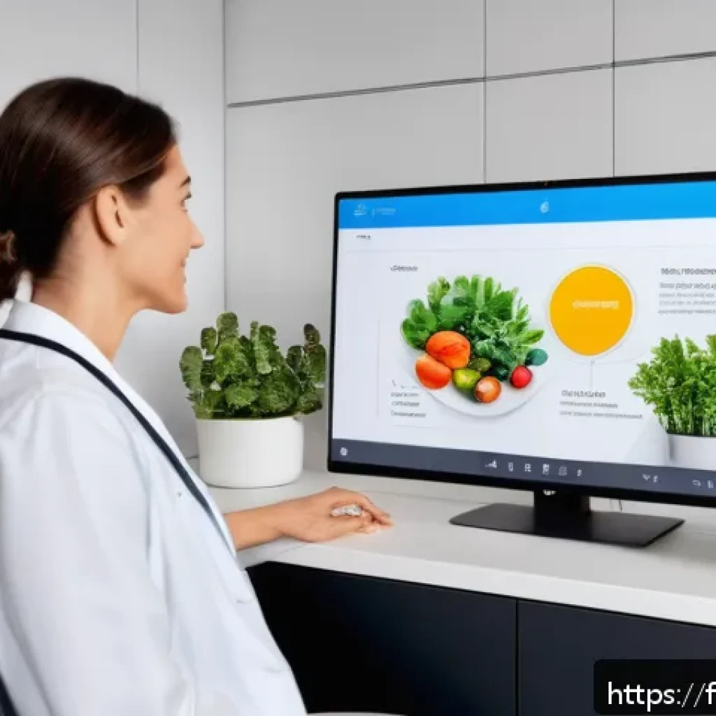 영양사 업무와 관련된 최신 기술 - A modern nutritionist&rsquo;s office in Paris, featuring a sleek digital interface on a large screen showi...