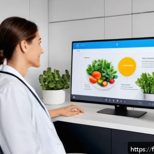 영양사 업무와 관련된 최신 기술 - A modern nutritionist&rsquo;s office in Paris, featuring a sleek digital interface on a large screen showi...