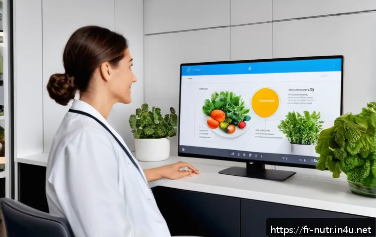 영양사 업무와 관련된 최신 기술 - A modern nutritionist&rsquo;s office in Paris, featuring a sleek digital interface on a large screen showi...