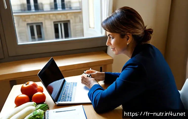 영양사 자격증 재취득 과정 - Photorealistic French nutrition professional in her 40s studying to renew her credentials at a brigh...